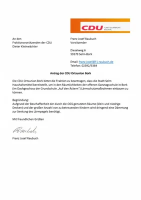 CDU Bork beantragt Mittel für Verbesserung der Arbeitsbedingungen der offenen Ganztagsschule